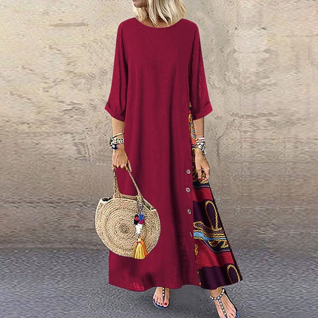 DPTALR Robe Décontractée pour Femmes à Empiècements, Manches 3/4, Boutonnée, Ourlet Haut-Bas, Grande Taille
