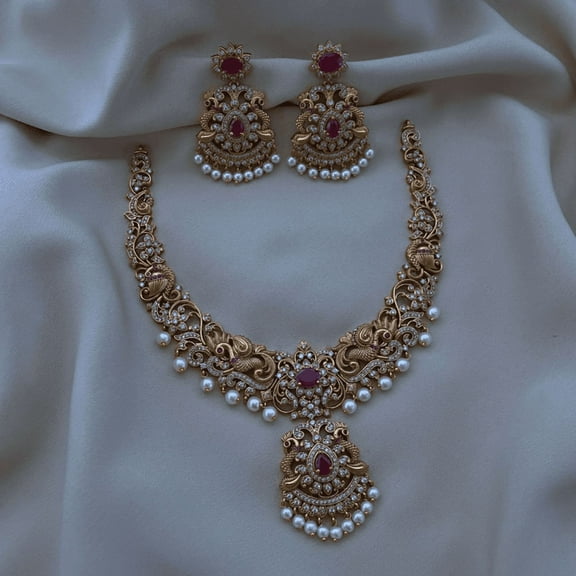 Peacock Matte Gold Finish Haram Necklace with Jhumka Earrings - AD Ruby & Green Kemp Stones, South Indian Bridal Jewelry Antique Bollywood Wedding Choker Set