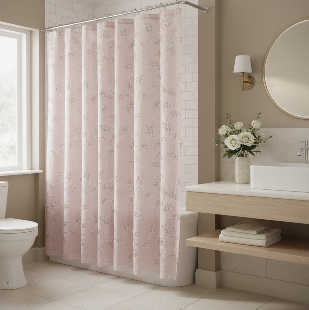 Serafina Home Decorative Sheer Fabric Shower Curtain: Two Toned Dusty Pink and White Embroidered Leaves with Metallic Threading (Blush/White) 70 x 72
