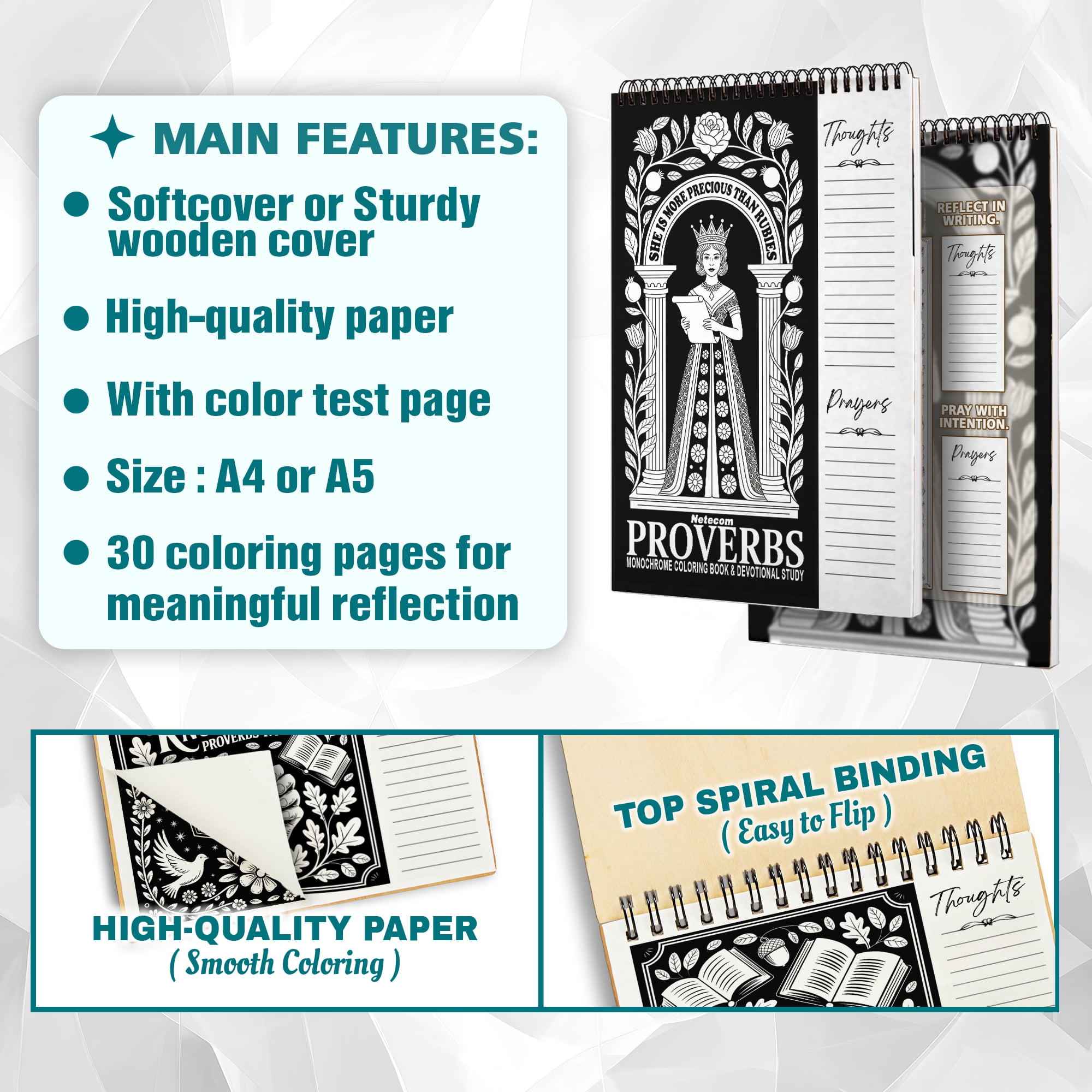 Proverbs Monochrome Coloring Book for Adults, 30 Minimalist Scripture Art Pages with Reflection & Prayer Space, Spiral Bound, A4 or A5 Softcover or Wood Cover