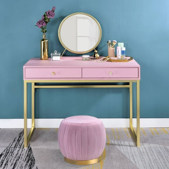 Acme Coleen Vanity Desk with Jewelry Tray in Pink & Gold Finish, Adult, Teen