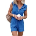 thumbnail image 2 of Sleeveless Women's Casual Shorts Rompers Summer Half Zip Lapel Collar Drawstring Knit One Piece Jumpsuit with Pockets, 2 of 6