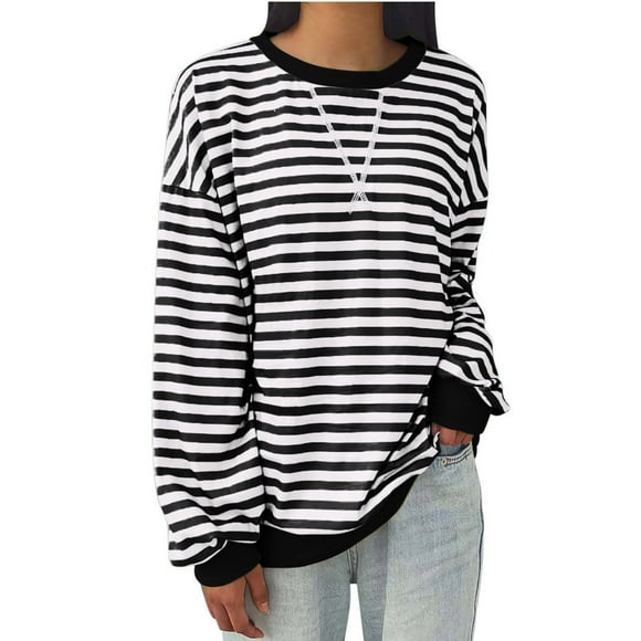 Jsaierl Oversized Sweatshirts for Women Loose Fit Striped Crewneck Sweatshirt Long Sleeve Stretch Fall Pullover Drop Shoulder Plus Size Tops