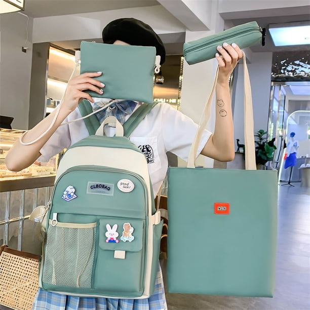 4pcs Mochila Escolar Kawaii, Mochila De Viaje Preppy Con Bolso De Hombro Tote, Bolso Cruzado Cuadrado, Estuche Para Lápices Para Estudiantes De Regreso A Clases