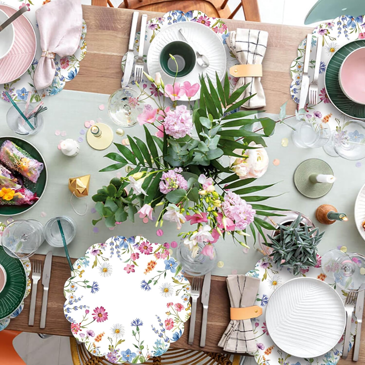 BAN 50Pcs Floral Round Paper Placemats,13.4 Inch Wildflower Disposable Place Mats Summer Scalloped Table Mats for Kitchen Dining Birthday Banquet Wedding Party Supplies