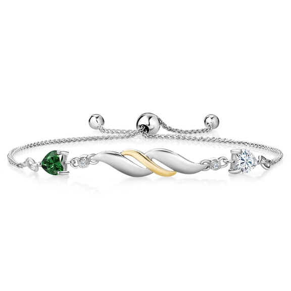 Gem Stone King 0.94 Cttw Nano Emerald Moissanite and Lab Grown Diamond Bracelet for Women | 925 Silver and 10K Yellow Gold | 5MM Heart Shape | Adjustable Bolo Bracelet for Women | Easy-On Easy-Off