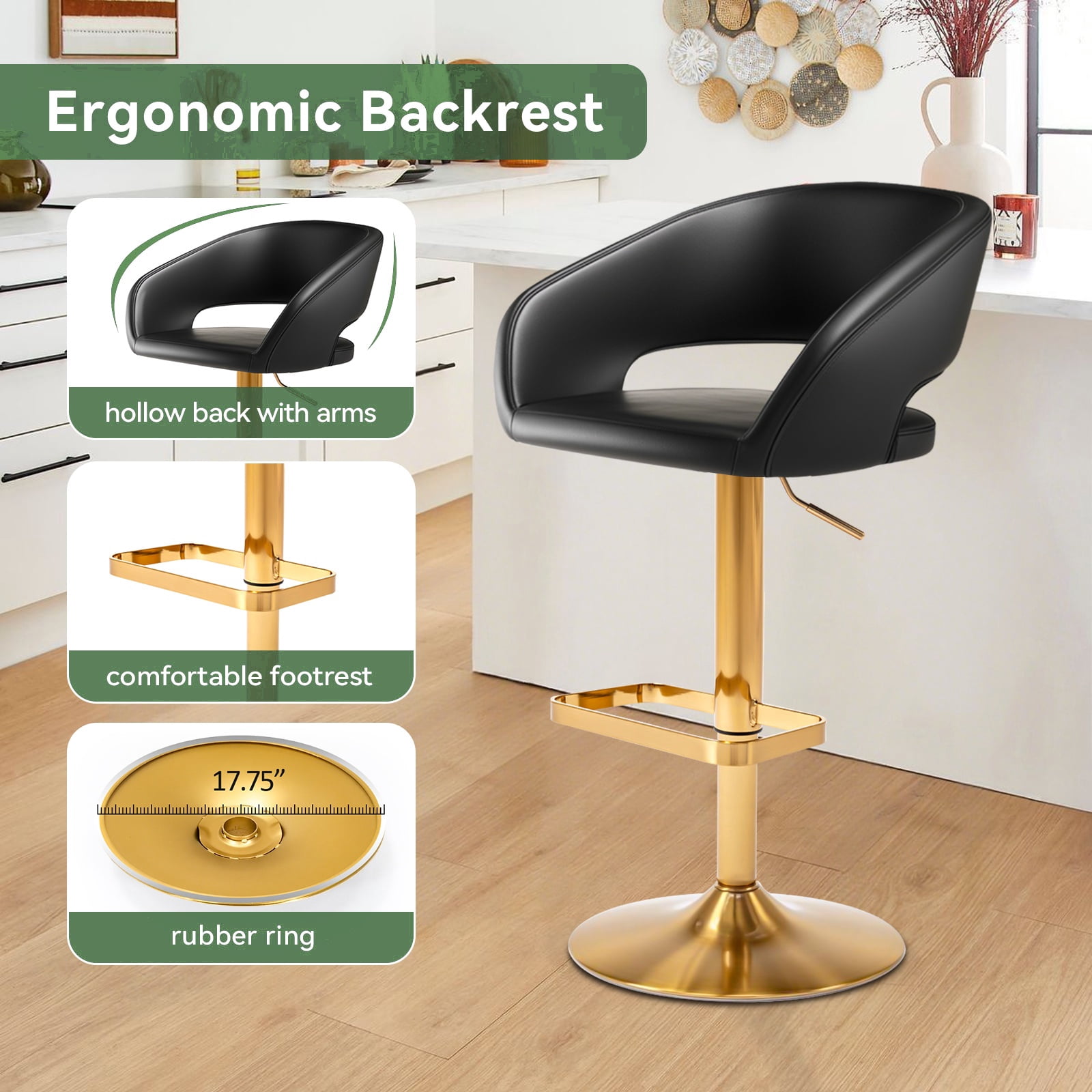 Modern Adjustable Bar Stools with PU Leather Seat, 360° Swivel Open Mid Back & Armrest Bar Stool– Ideal for Kitchen , Bar, Café, Counter Seating (Black)