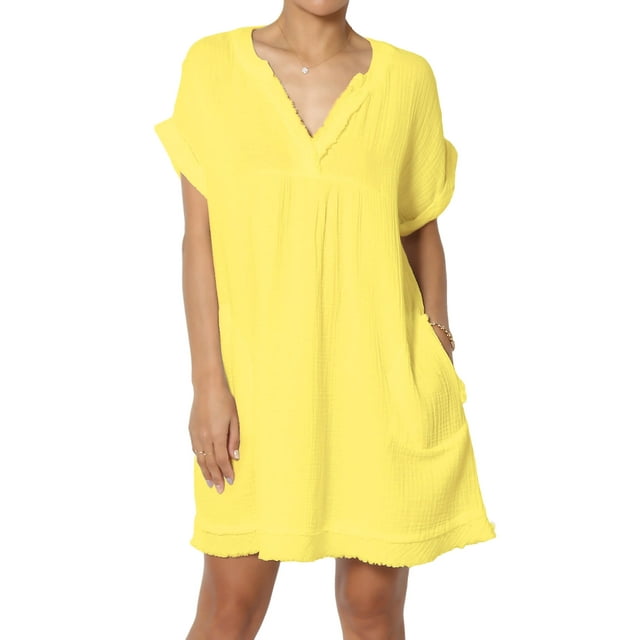 Robe Mini Babydoll en Gaze de Coton à Manches Courtes Col en V Décontractée pour Femmes