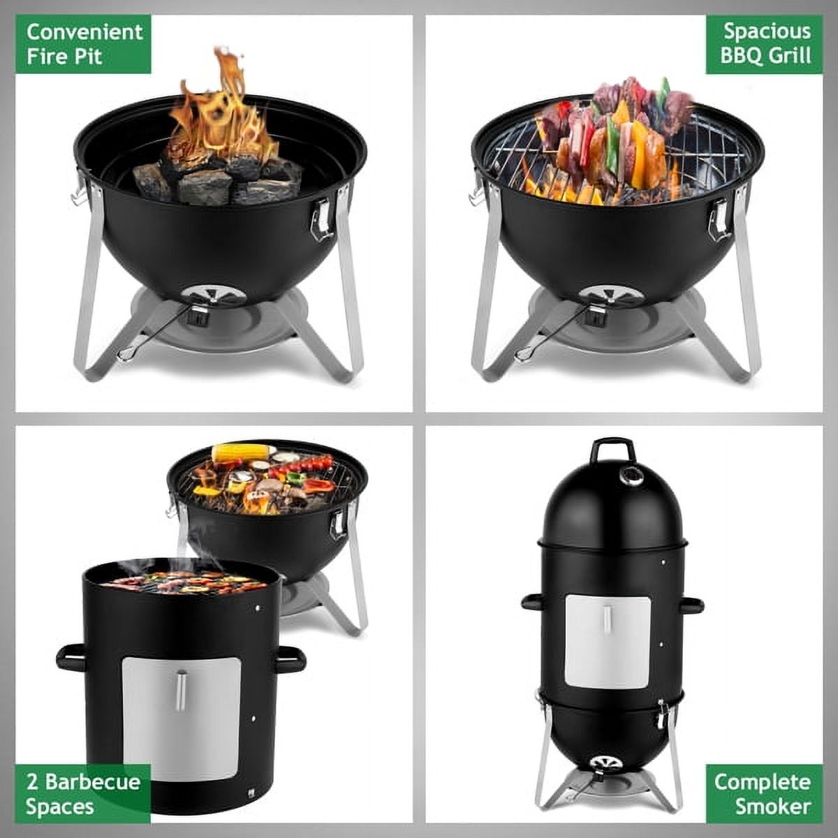 Vertical 18.5 Inch Steel Charcoal Smoker, 3 in 1Heavy Duty Round BBQ Grill for Outdoor Cooking