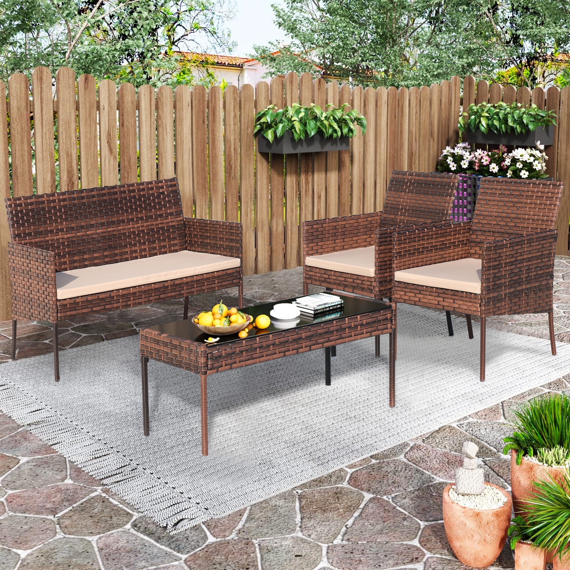 Costway 4PCS Patio Rattan Furniture Set Conversation Glass Table Top Cushioned Sofa - Walmart.com Costway 4PCS Patio Rattan Furniture Set Conversation Glass Table Top Cushioned Sofa - Walmart.com