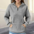thumbnail image 4 of Women's Waffle Knit Lapel Collar Half Zip Pocket Sweatshirt, Solid Color Long Sleeve Pullover Top with Soft Comfort Fabric for Casual Daily Wear, Street Fashion and Versatile Outfits Grey M, 4 of 7
