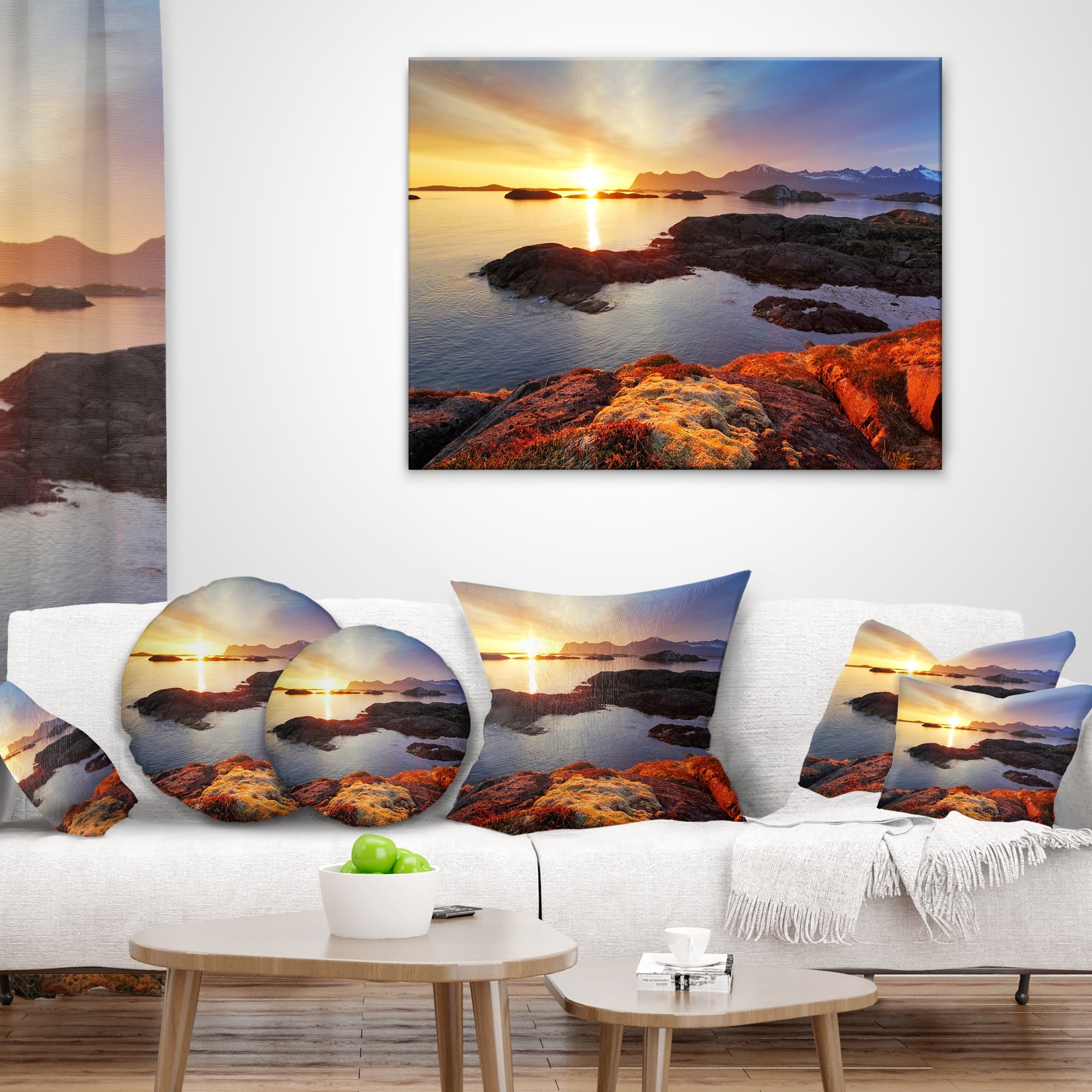 Designart Ocean Coast Nice Sunset in Norway - Seashore Throw Pillow - 18x18