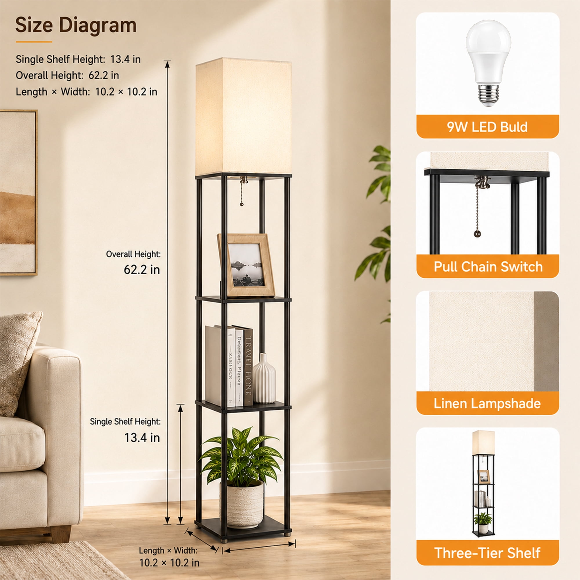 DAYBETTER Floor Lamp With Shelves, 62” Black Shelf Floor Lamp with 9W LED Bulb, 3 Color Temperature, Modern Standing Lamp for Living Room, Bedroom, Office, Corner