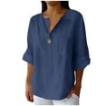 thumbnail image 3 of BiZtdJrK Women's Button Down V Neck Shirts with Chest Pocket 3/4 Sleeve Cotton Linen Blouse Loose Breathable Lounge Summer Tops Navy XL, 3 of 7