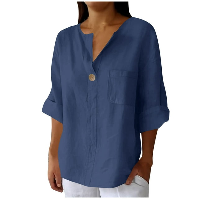 Vestidos Casuales Para Mujer, Blusas De Mujer De Moda Camisa de lino con cuello en V y bolsillo abotonado para mujer, informal, con escote en V de un cuarto