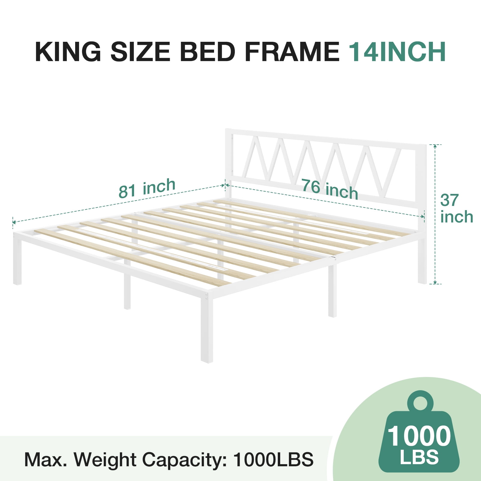 Novilla 14 Inch King Size Bed Frame With Headboard, White Metal Platform Bed Frame, King Bed Frame No Box Spring Needed, Easy Assembly, Strong Wood Slats Support