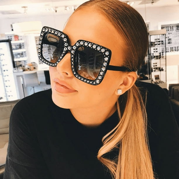 Gafas de sol con montura grande y diamantes chapados en oro Gafas de sol cuadradas vintage Gestapo Gafas con piezas marinas coloridas Bodega Aurrera en linea