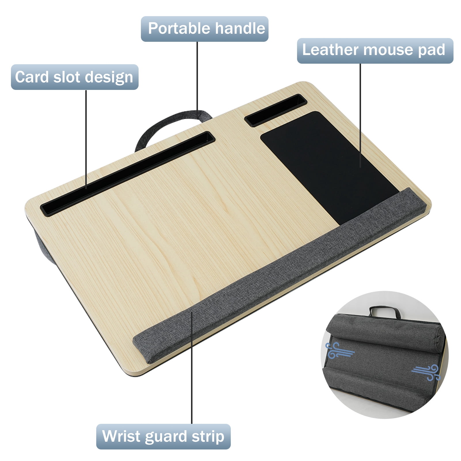 CATGOOD Portable Lap desk, Laptop Desk with Pillow, Wood Lapdesk Bed Table with Soft Pillow, Mouse Pad & iPad/Phone Slots, Fits up to 15.6 inches, White