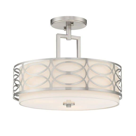 Kira Home Sienna 15" 3-Light Semi Flush Mount Ceiling Light, White Fabric Shade   Glass Diffuser, Brushed Nickel Finish