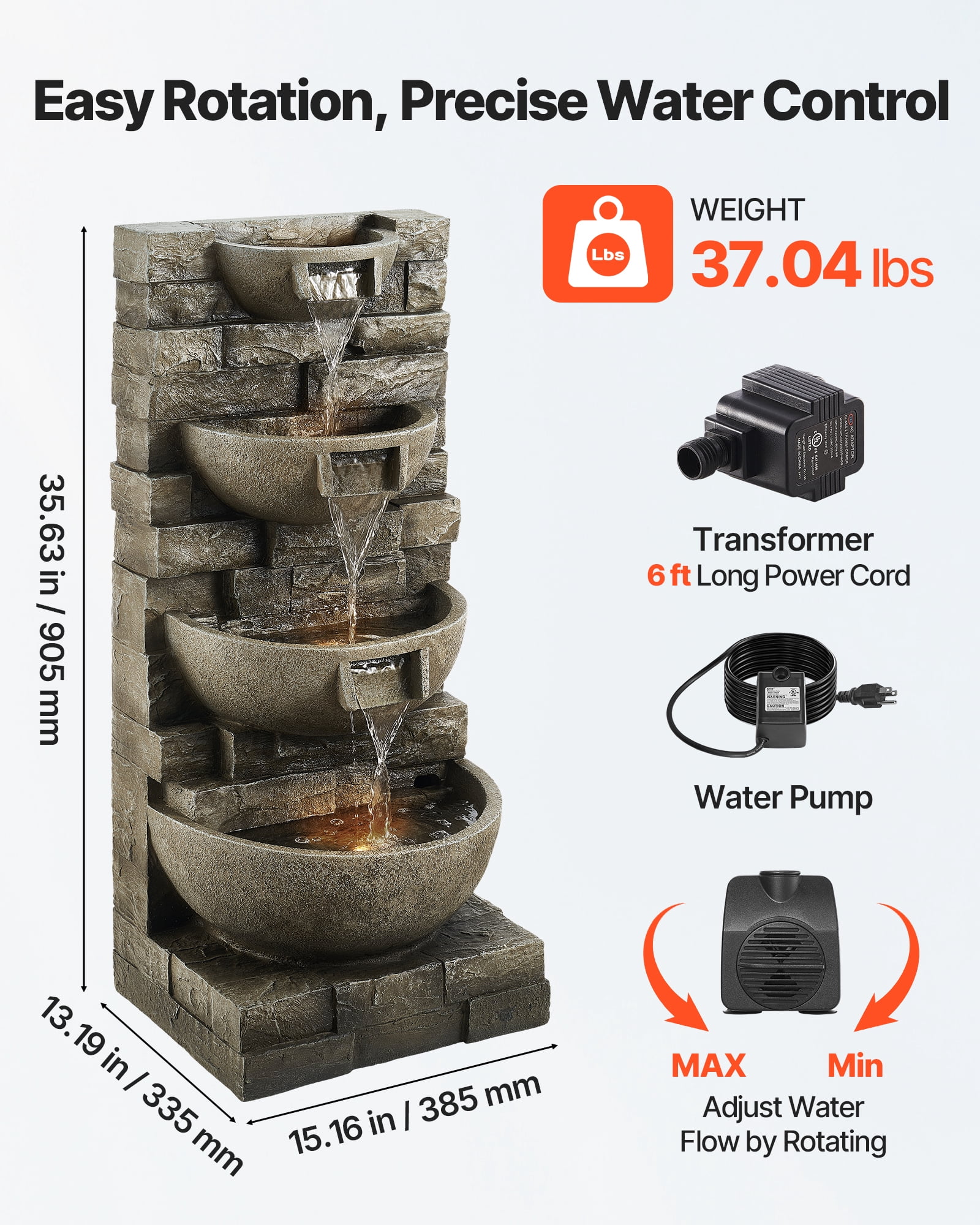 VEVOR Outdoor Water Fountain,35.63 in Height Fountain and Waterfall, 4-Tier Floor Standing Cascading Fountains with LED Light and Pump, Block Stack Style, for Outdoor Indoor Garden, Patio & Backyard