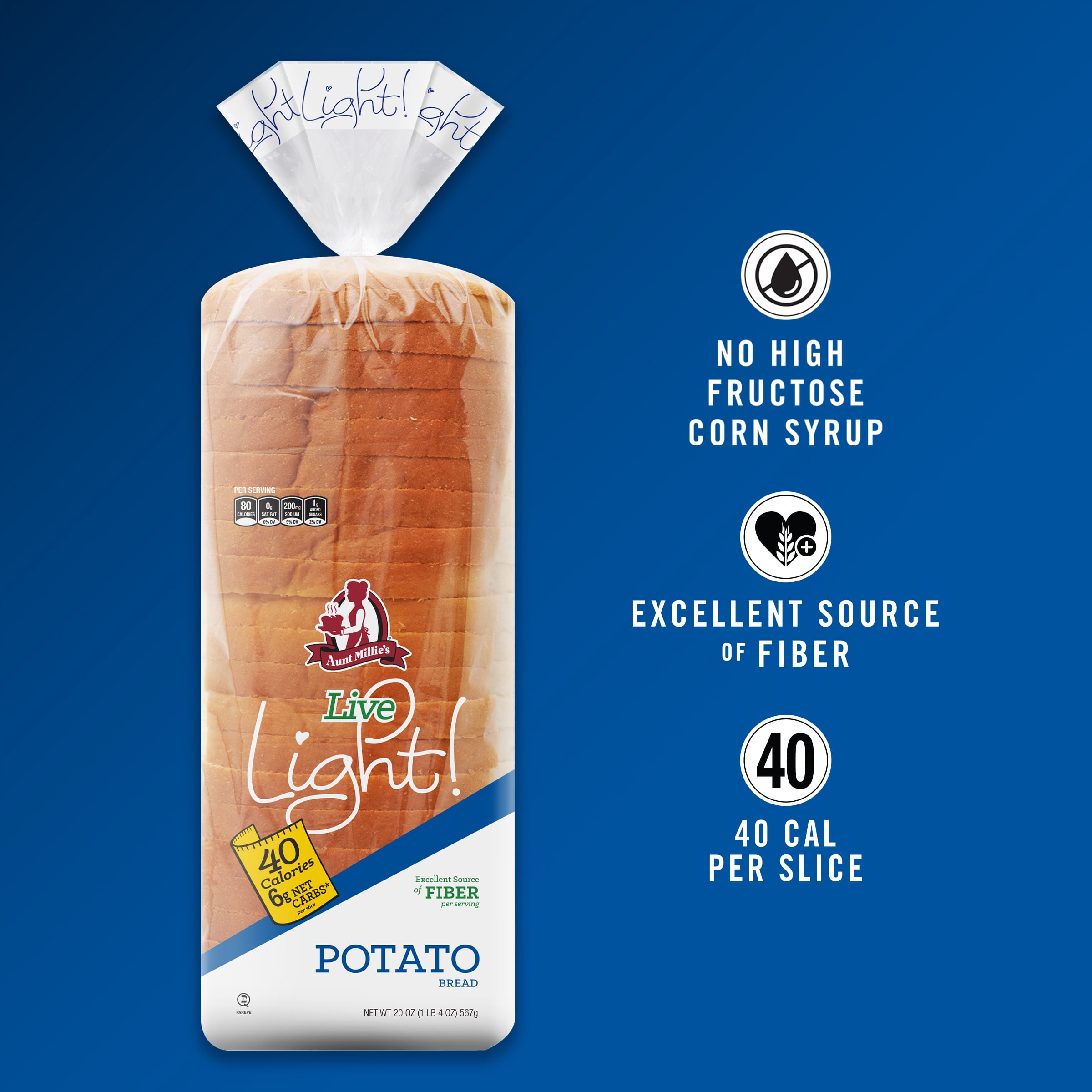 Aunt Millie's Live Light! Potato Bread, 20 oz, 24 Ct
