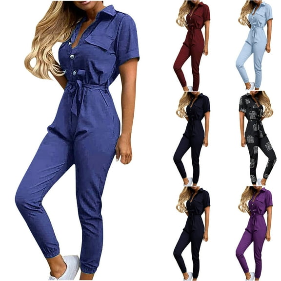 Jacenvly Summer 2024 New Women Fashion Letter Print Casual Lapel Belt Short Sleeve Overalls Lapels Comfortable Two Piece Outfits Women Plus Size Black