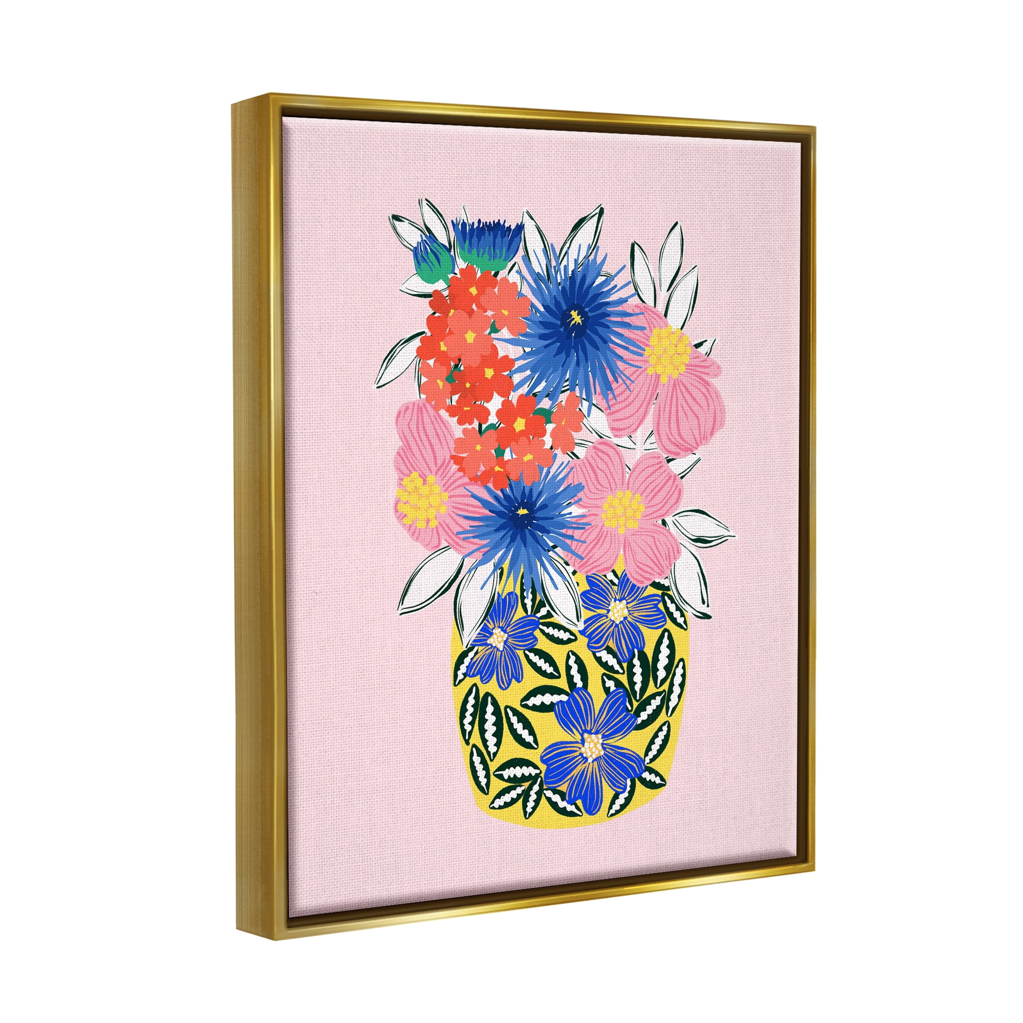 Stupell Industries Patterned Bouquet Vase Botanical & Floral Painting Gold Floater Framed Canvas Art Print Wall Art, 25 x 31