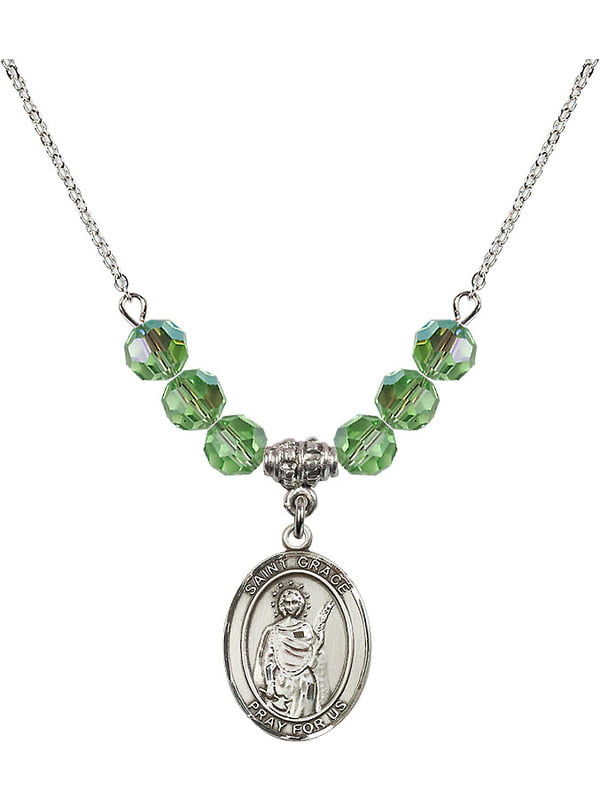 Bonyak Jewelry 18 Inch Rhodium Plated Necklace w/ 6mm Green August Birth Month Stone Beads and Saint Sophia Charm 