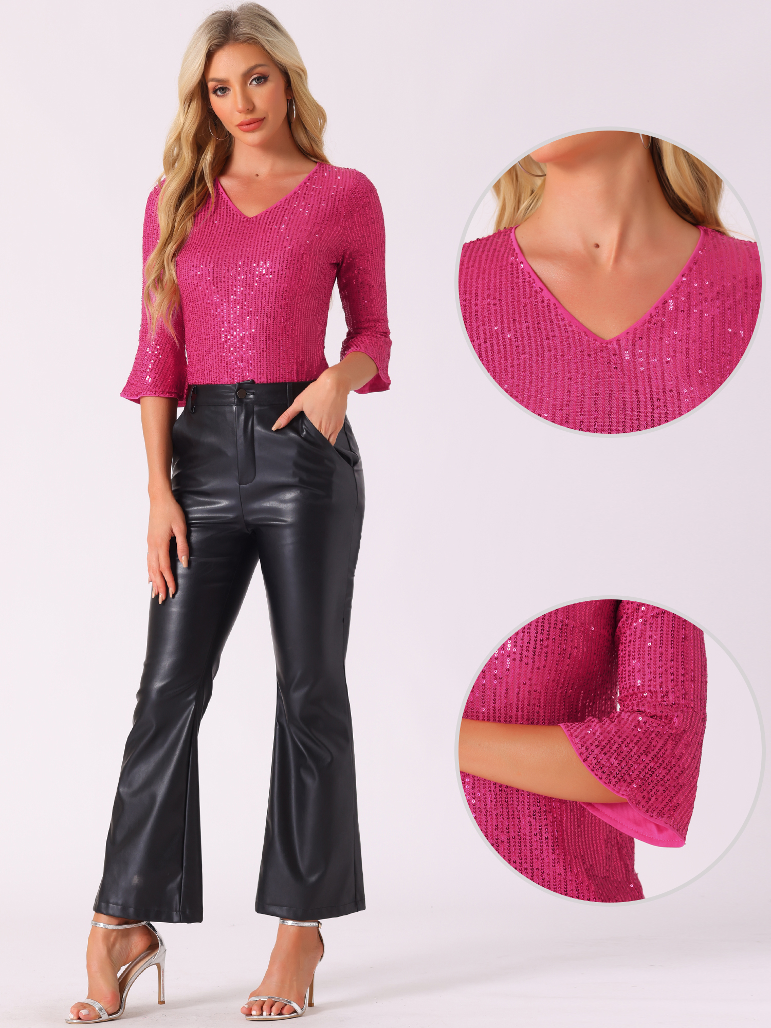 DARING DIVA V Neck Metallic Sparkly Glitter Blouse XL Hot Pink
