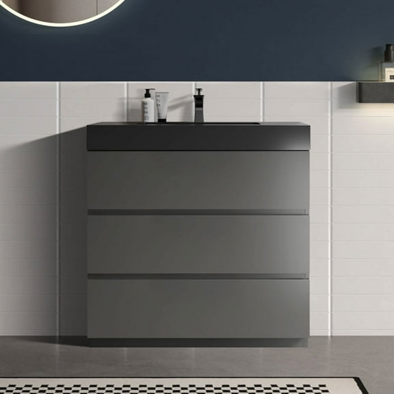 CITTANEO 36 inch Bathroom Vanity with Black Sink, Modern Bathroom Cabinet in Gray