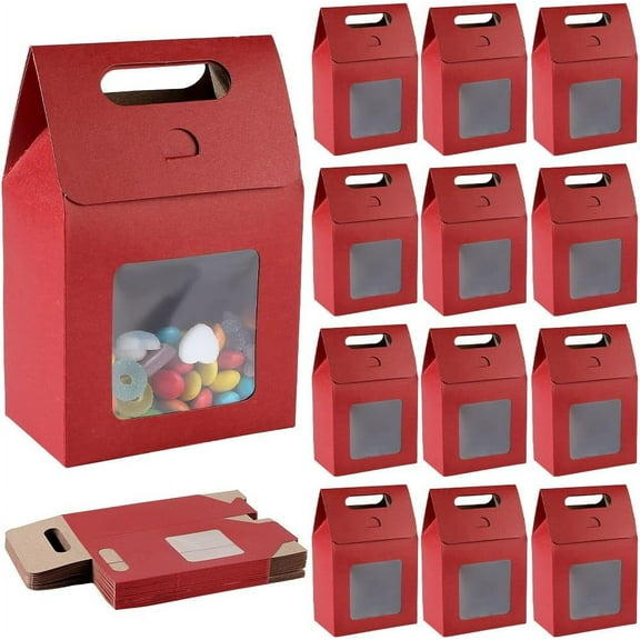 24Pcs Kraft Paper Bags with Window Small Dark Red Stand Up Gift Bag with Handles for Candy Cookies Packaging Present Storage Festivals Wedding Christmas Party 9.7 x 5.8 x 15cm