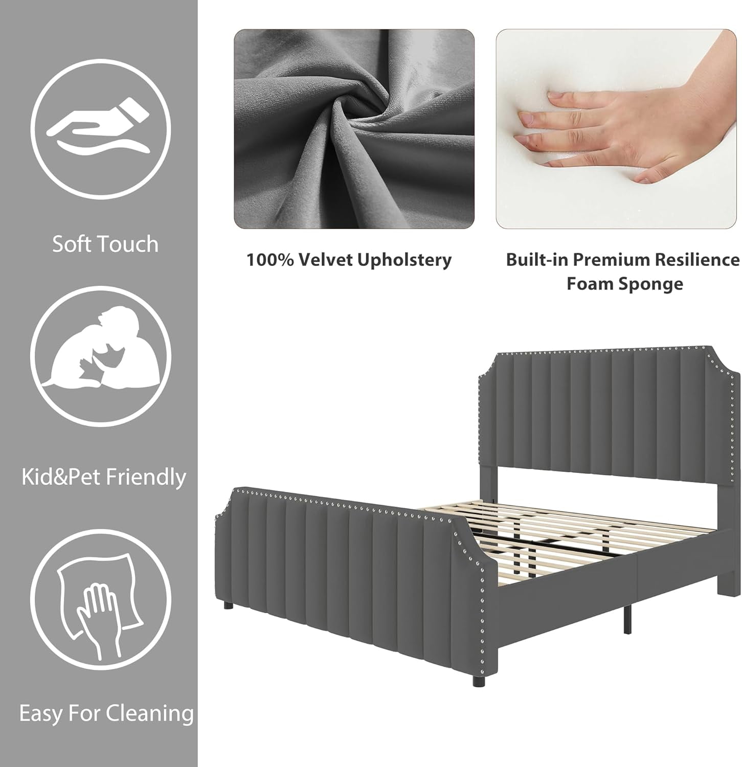 King Size Platform Bed Frame with 50.2 in Headboard, Velvet Upholstered Bed Frame King with Vertical Channel Tufted Headboard & Footboard, Nailhead Trim, No Box Spring Needed, Grey