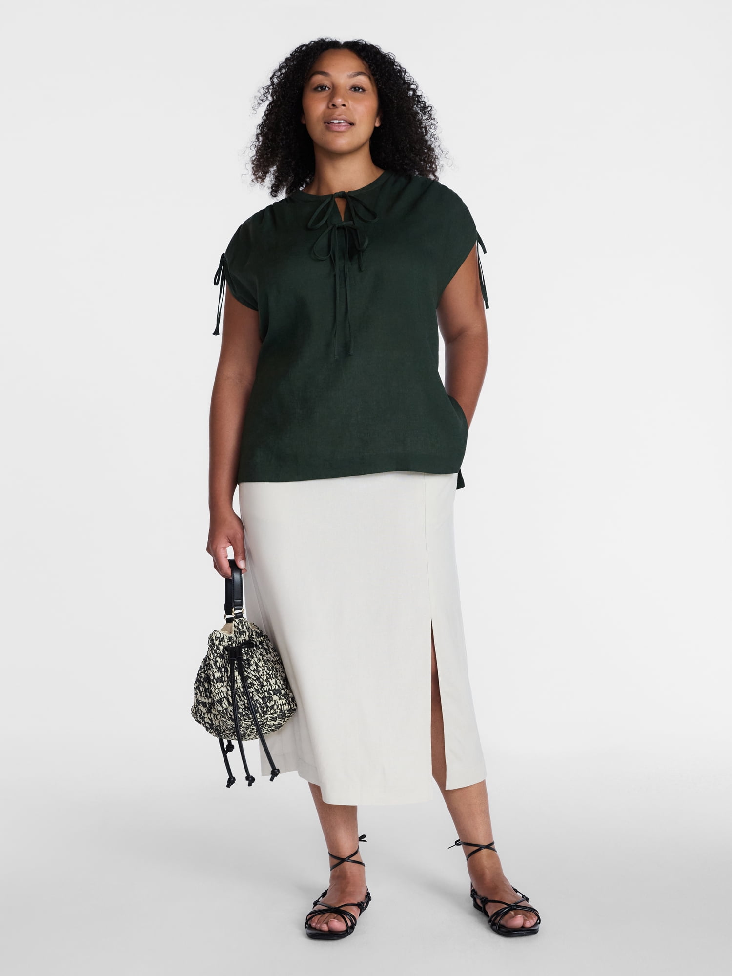 Time and Tru Women’s Linen-Blend Tunic Top with Ruched Sleeves, Sizes XS-XXXL