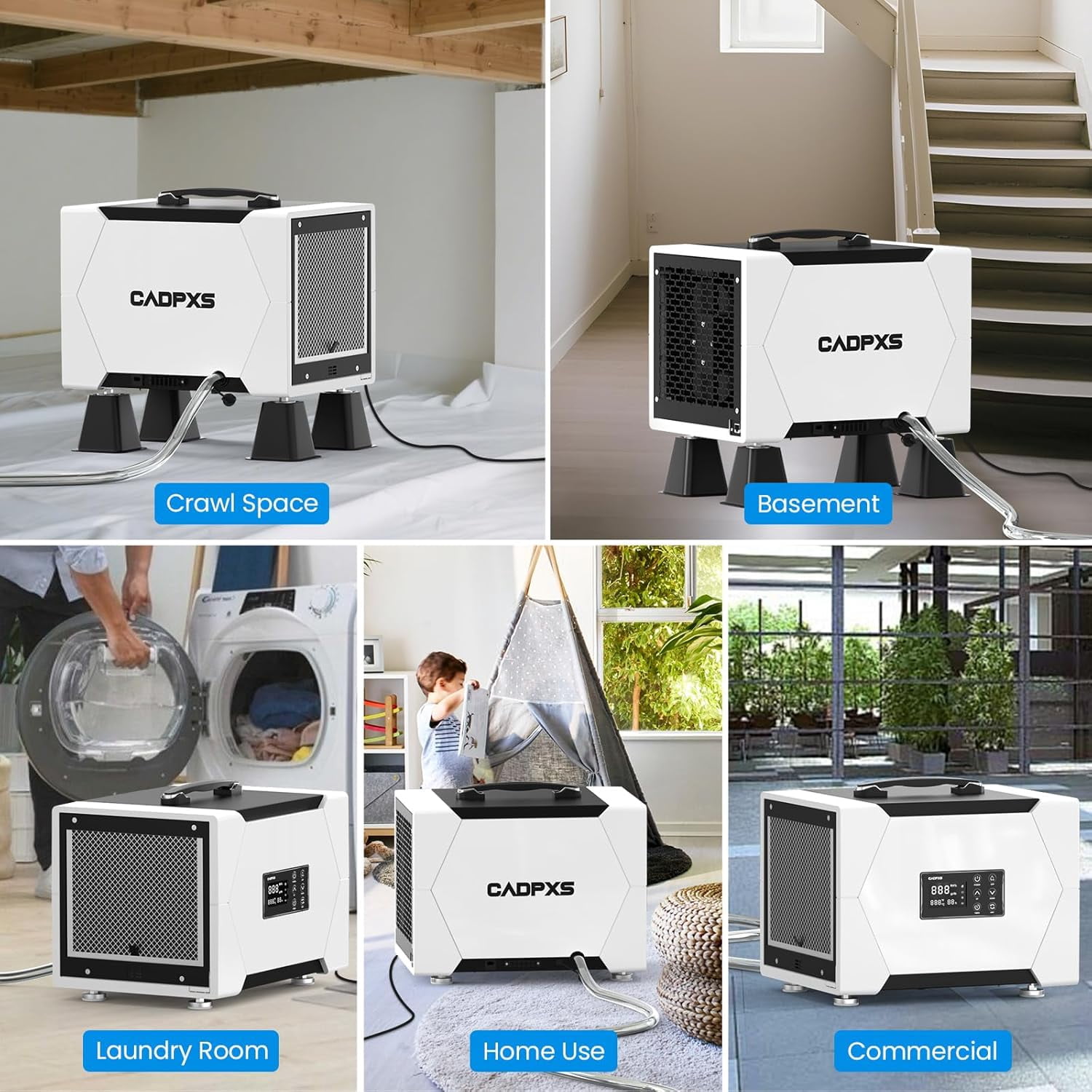 CADPXS Crawl Space Dehumidifier with Drain Hose, 80 Pint Commercial Dehumidifier for Basement, Home Use, Water Damage, Auto Defrost, Memory Start, cETL Certified, Up to 1000 Sq Ft