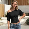 thumbnail image 2 of Rggeeun Womens Shirts Cropped One Shoulder Solid Color Short Sleeve Elastic Waist Draping for Summer Outdoor Running Leisure Tshirts,Black,M, 2 of 7