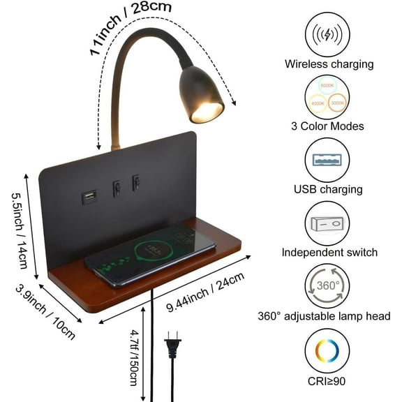 Bedside Wall Sconces with Wireless Charging Station & USB Charging, 3 Adjustable Color Temperatures LED Reading Lamp, 3000K Warm Ambient Lighting Wall Mounted Sconce for Bedroom, Plug-in or Hardwired