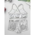 thumbnail image 4 of XUNZOO 3Pcs Girls Metallic Dance Outfit Kids Sport Crop Top Bra with Shorts Hair Tie for Gym Workout Silver 12, 4 of 7