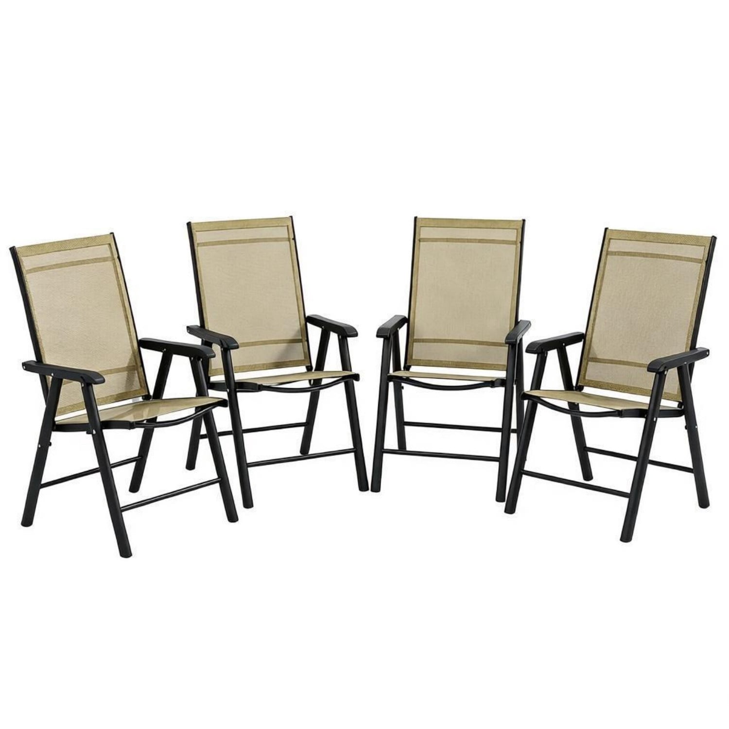 Outdoor Folding Chairs Set of 4, Portable Lawn Chairs with Breathable Sling Mesh, Powder-Coated Steel Frame, Armrests for Camping, Patio, Beach, Events, Black & Brown