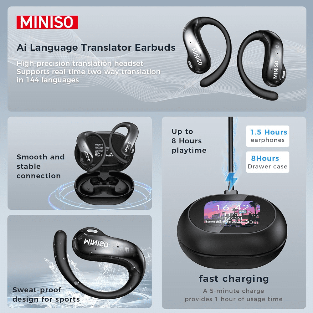 MINISO MS188 Language Translator Earbuds Real Time AI Translator Earbuds LCD Touchscreen Bluetooth Earbuds