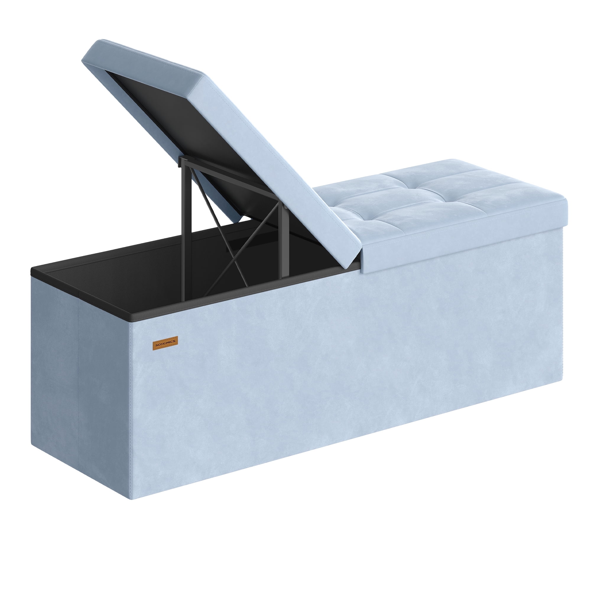 43 Inch Storage Ottoman, Foldable Velvet Bench with Flipping Lid & 660 lb Capacity, 35 Gal Storage for Living Room Bedroom, Pale Blue