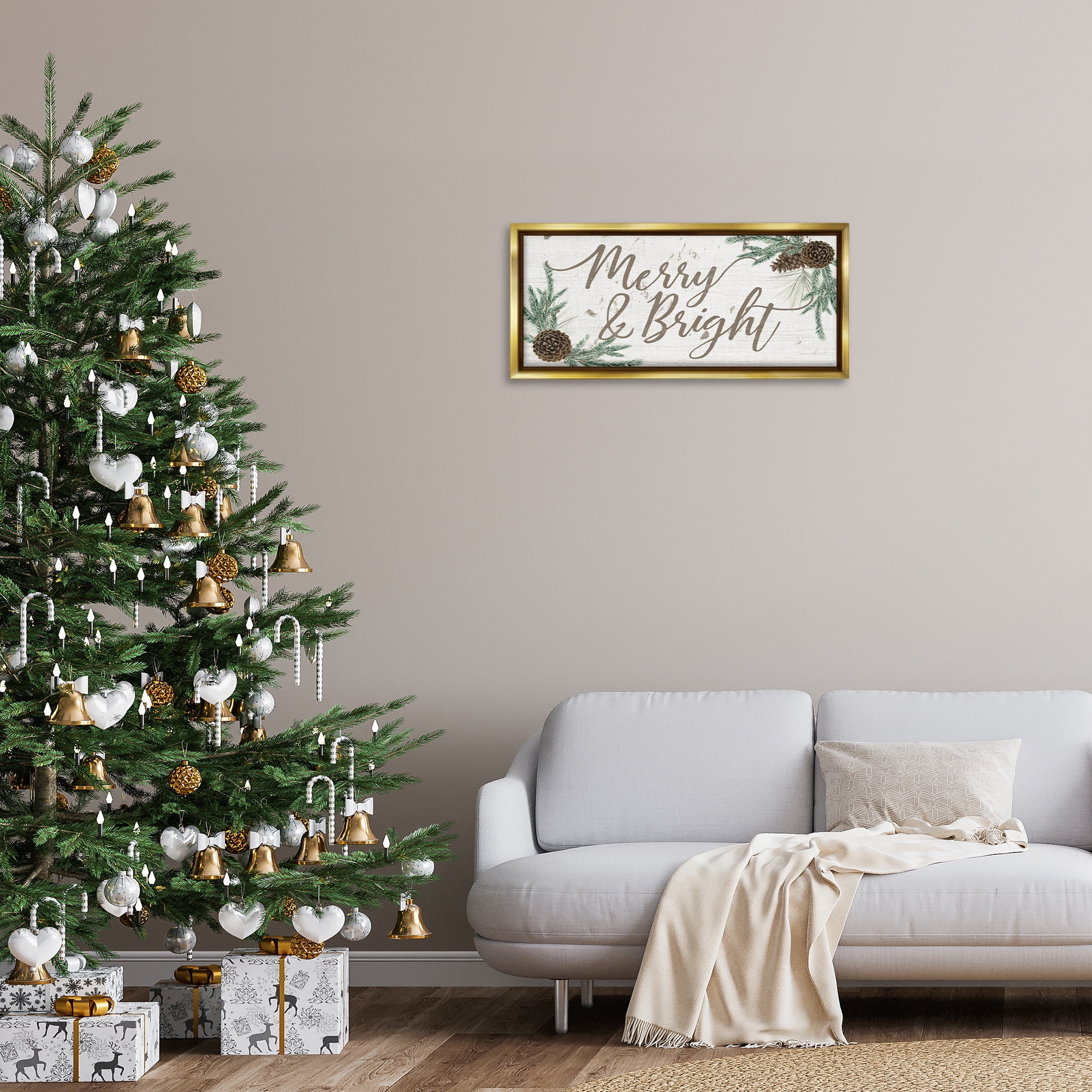 Stupell Industries Merry & Bright Festive Winter Holiday Painting Gold Floater Framed Canvas Art Print Wall Art, 31 x 14
