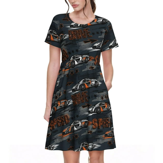 Fotbe Cool Sports Car Vestido Largo de Moda para Mujer, Vestido Tipo Camiseta con Manga Corta y Estilo Casual a Rayas y Bloques de Color