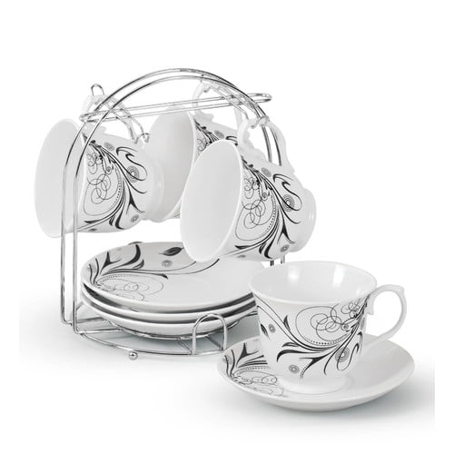 Lorren Home Trends Set Of 4 Coffee Cups On Metal Stand Floral Set