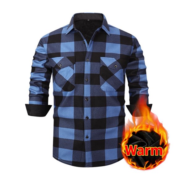 XUNKUSGA Men's Shirts Soft Fleece Warm Shirt for Men Fashion Plaid Long Sleeve Button Down Shirt Jacket for Men with Pockets Warm Outdoor Casual Fall Coats S-3XL Blue