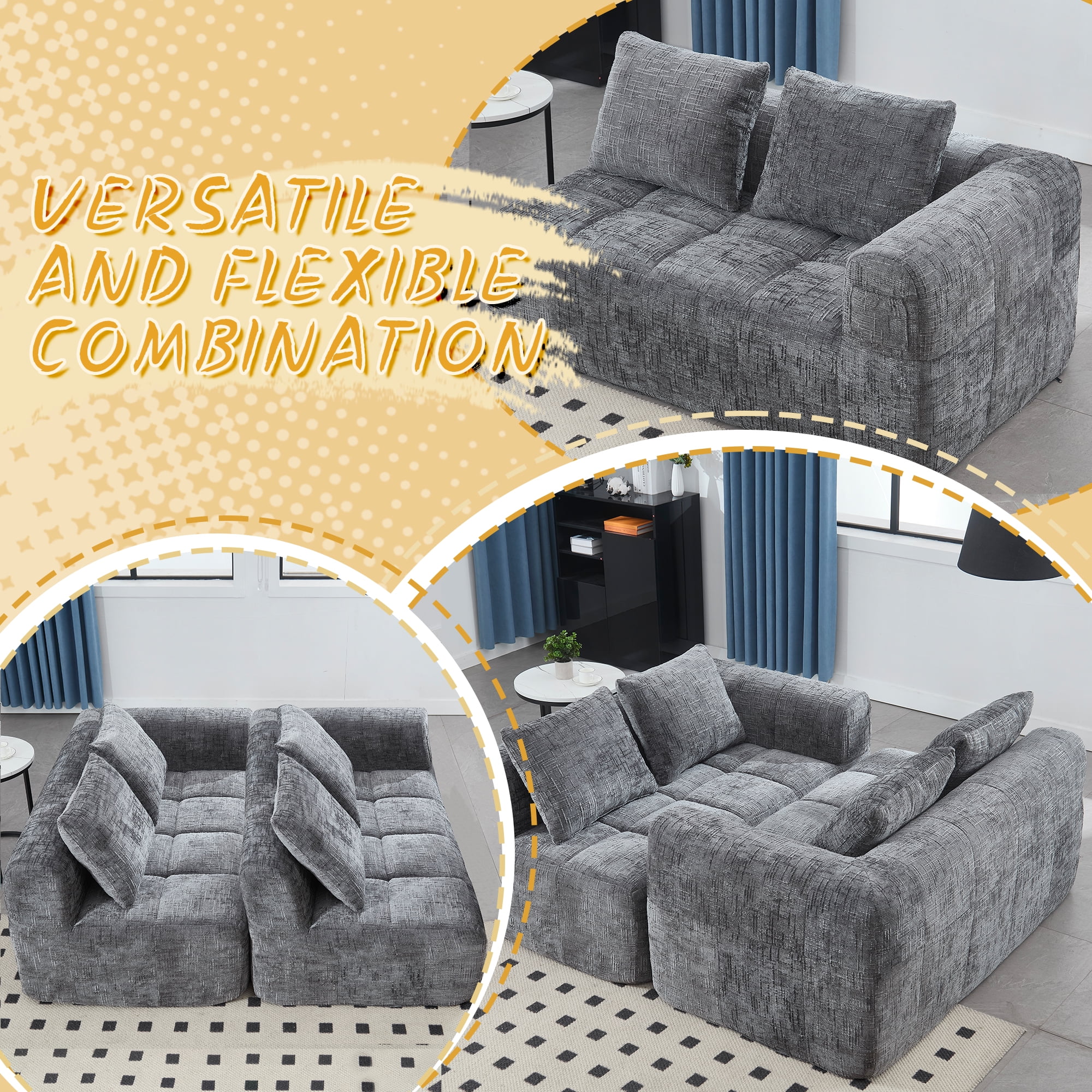 MOONMISS Chenille Upholstered Modern 2-Seater Lazy Compression Sofa with Small Side Pocket-Gray