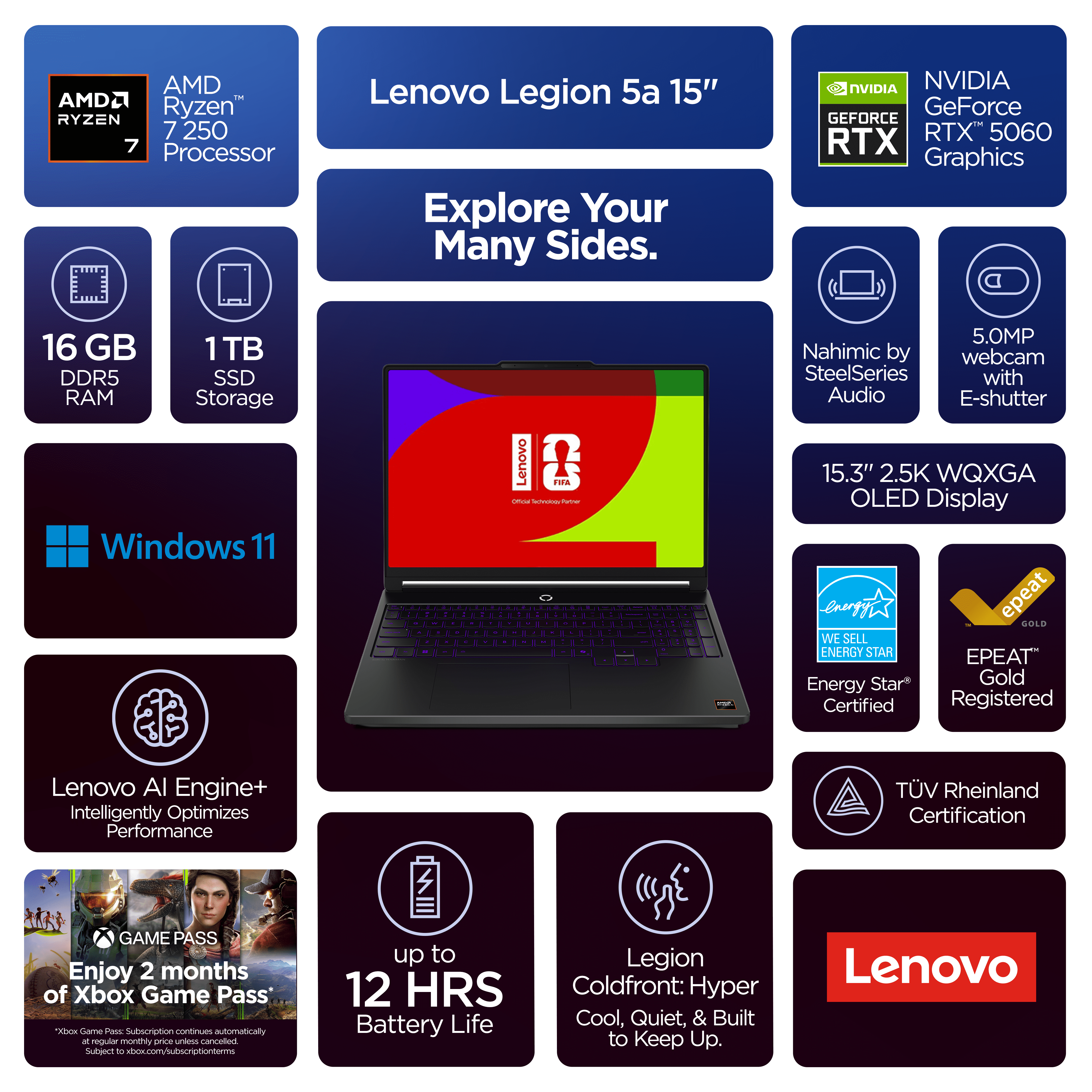Lenovo Legion 5a 15.3" WQXGA Laptop, Ryzen 7 250, 1 6GB, 1TB, NVIDIA GeForce RTX 5060, 83Q70003US