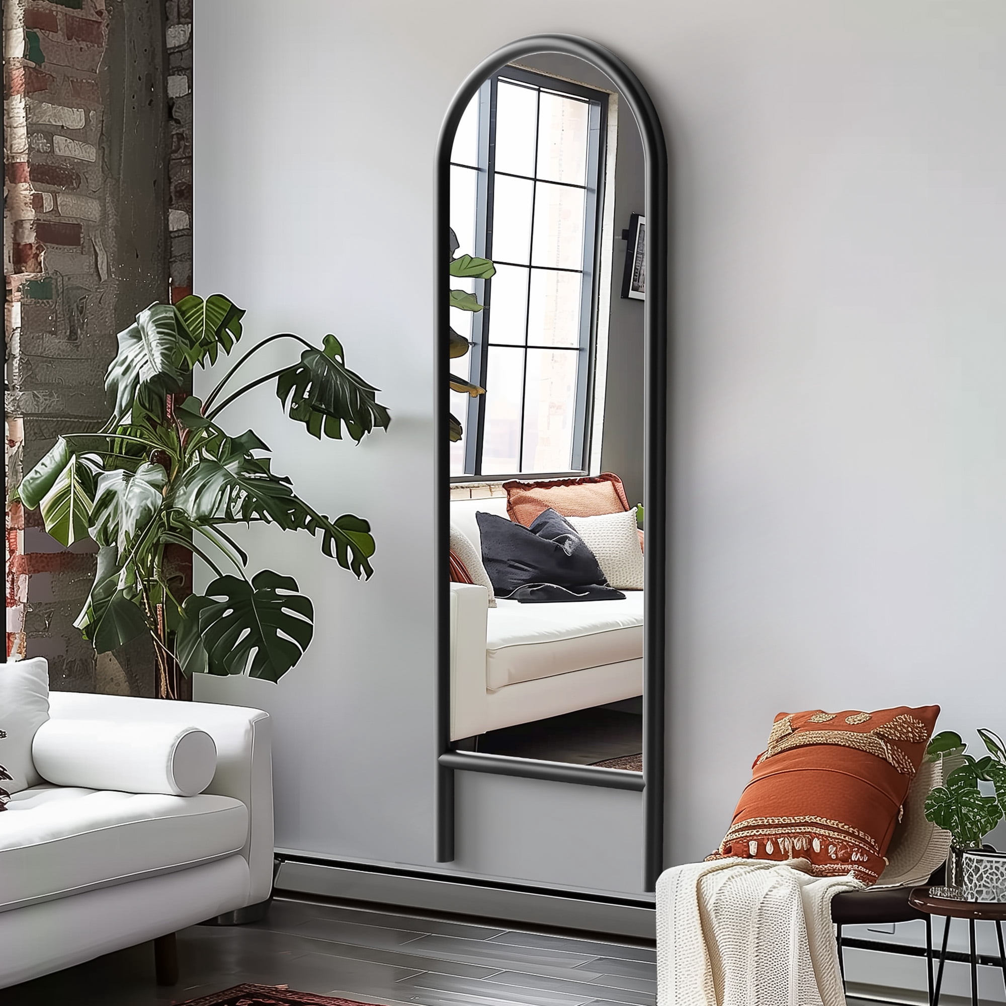 64"x21" Wood Ladder Arched Floor Mirror Full Length Mirror,Black