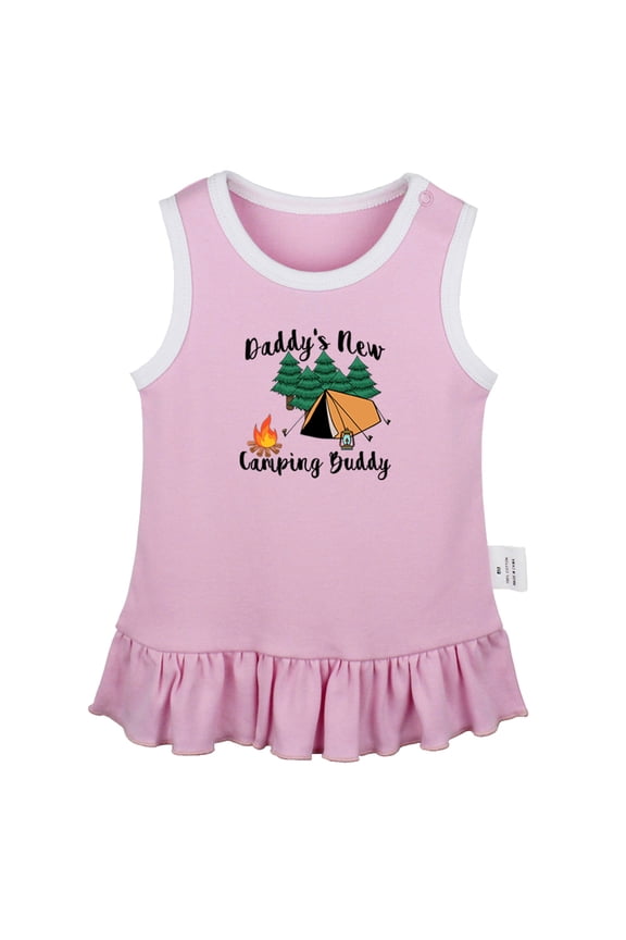 Daddy's New Camping Buddy Funny Dresses For Baby, Newborn Babies Skirts, Infant Princess Dress, 0-24M Kids Graphic Clothes (Pink Sleeveless Dresses, 0-6 Months)