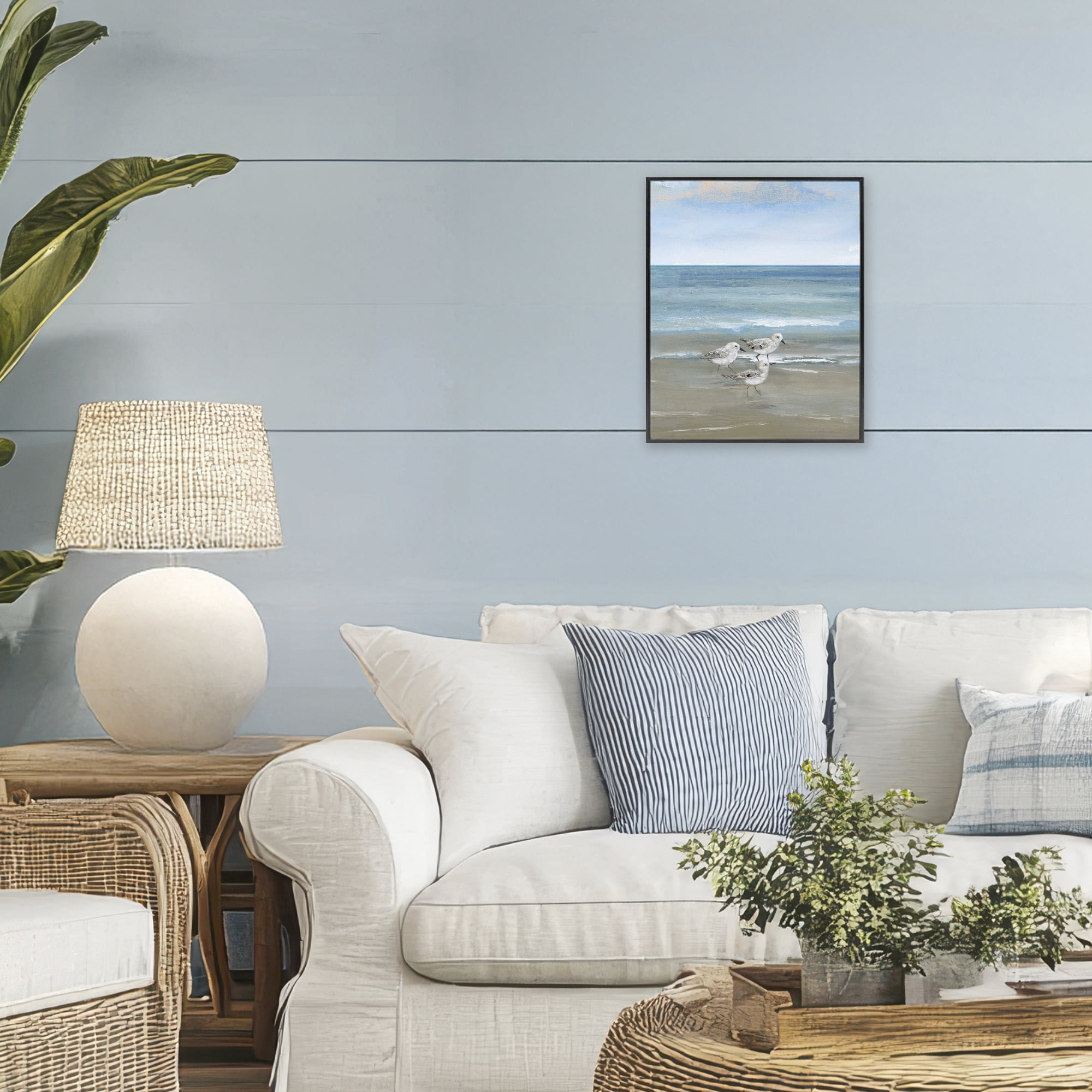 Stupell Industries Three Shorebirds & Gentle Waves Black Framed Giclee Art, design by Nan
