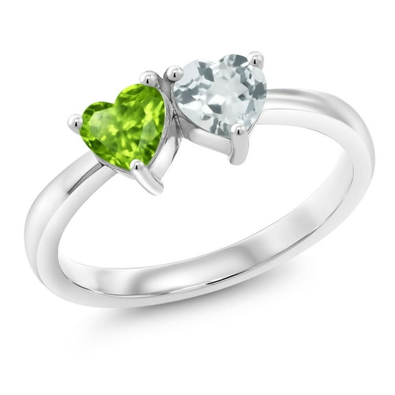 Gem Stone King 925 Sterling Silver Green Peridot and Sky Blue Aquamarine Women Ring (0.92 Cttw, Heart Shape, Gemstone Birthstone, Size 9)
